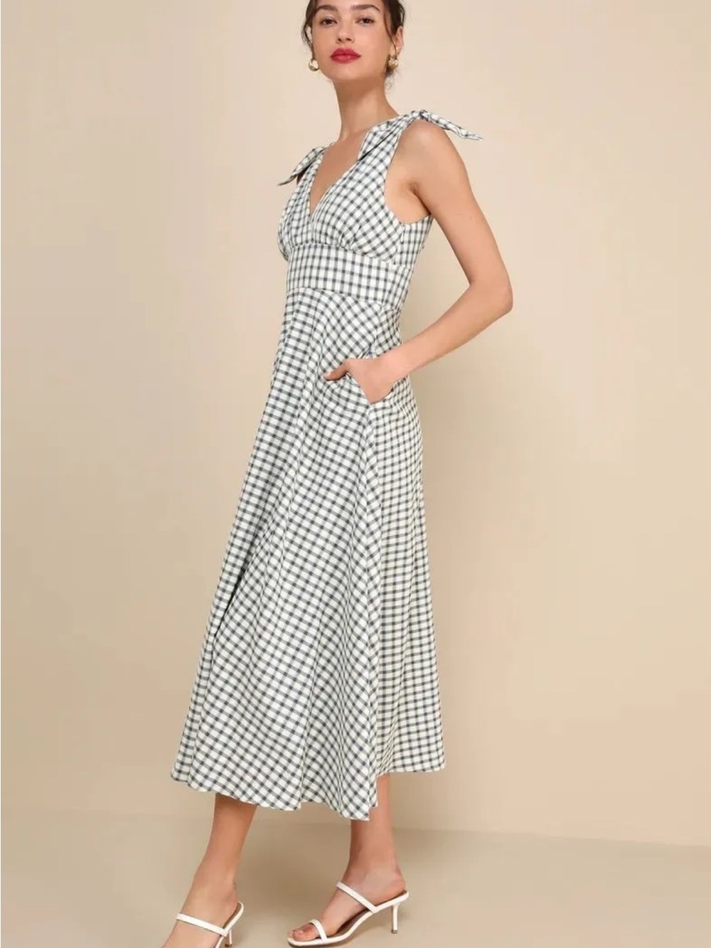 Lulus NWT Sweetest Posture Navy and Cream Gingham Midi Dress With Pockets